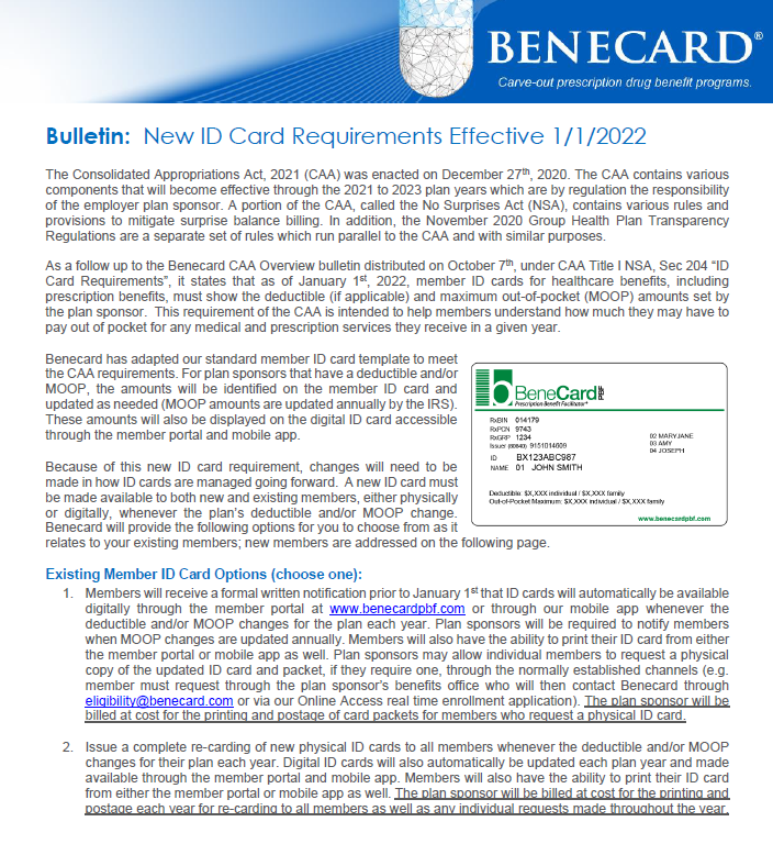 Benecard CAA Bulletins Benecard