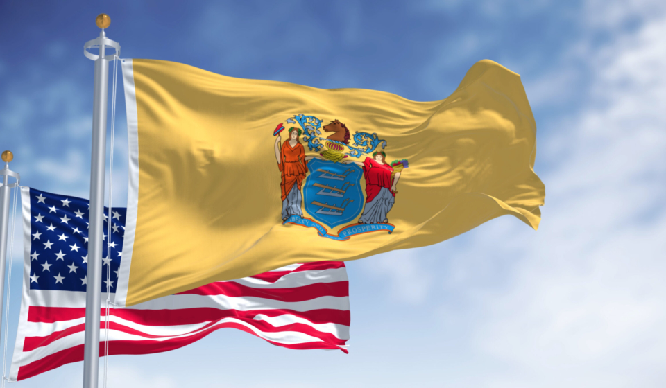 The New Jersey state flag waving along with the national flag of the United States of America. In the background there is a clear sky. New Jersey s a state in the Northeastern regions of the US