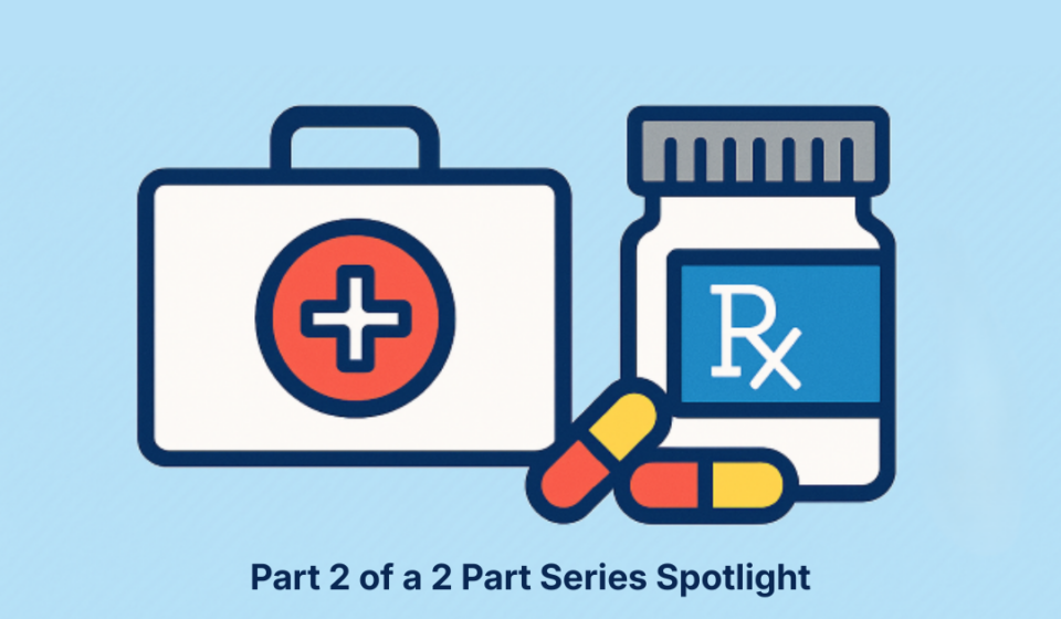 Part 2 of a 2 Part Series Spotlight. Image includes a briefcase and healthcare symbol with prescription drug bottle and 2 red and yellow capsules against a blue background.