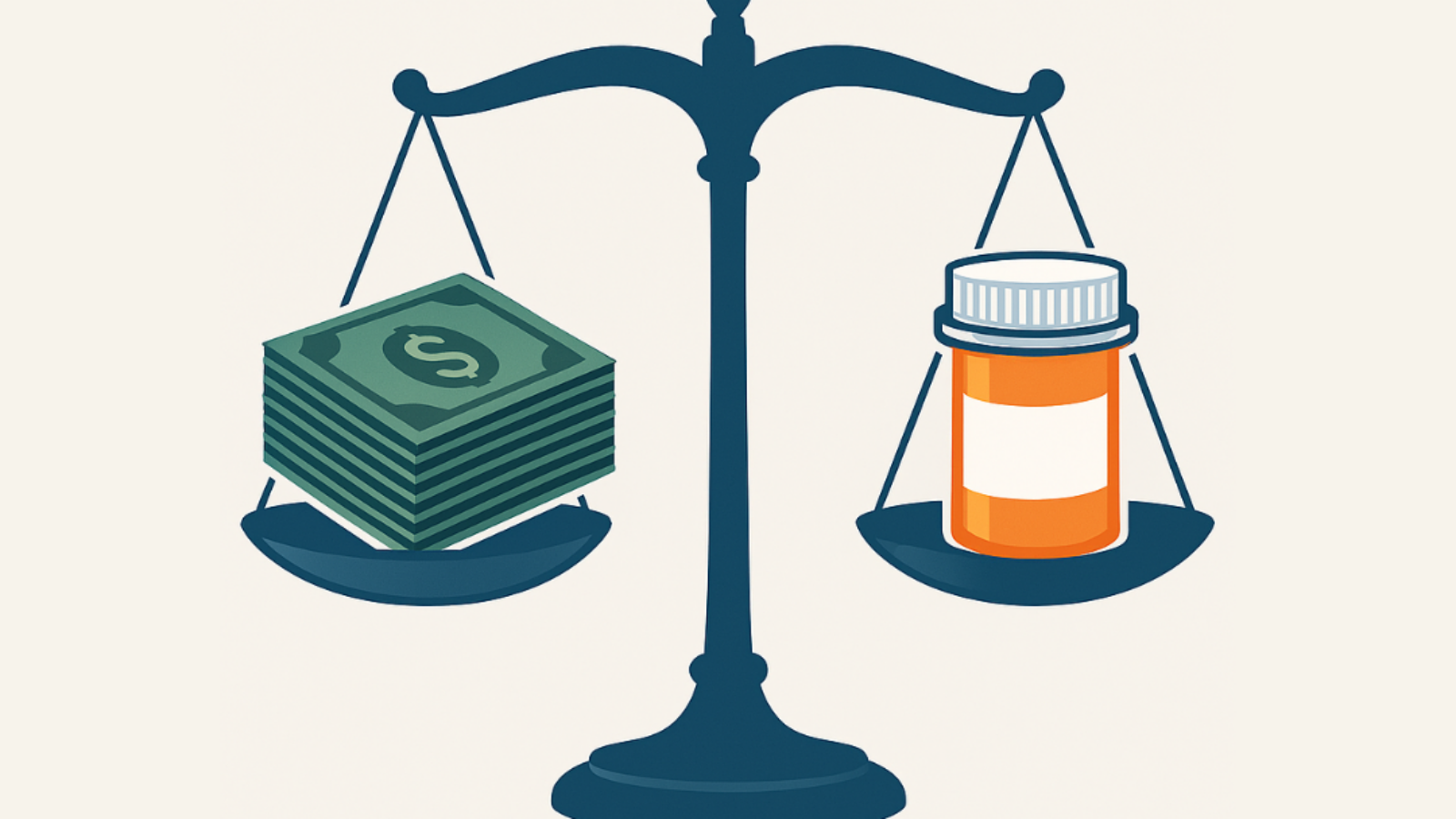 Balance scale with green cash on left side and orange prescription bottle on right side