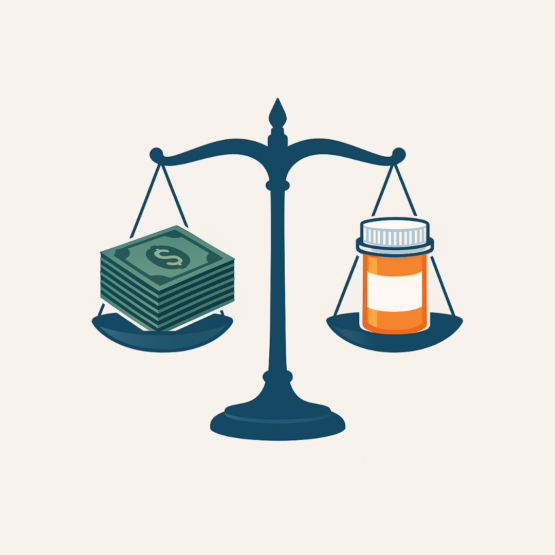 Balance scale with green cash on left side and orange prescription bottle on right side