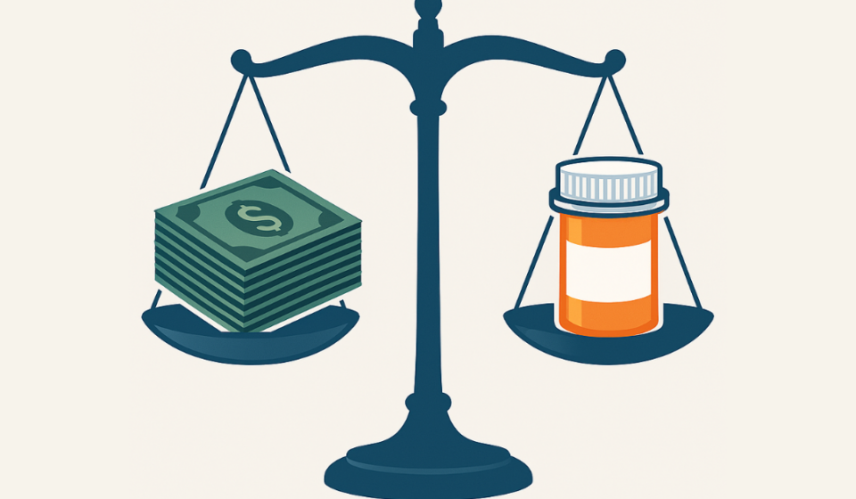 Balance scale with green cash on left side and orange prescription bottle on right side