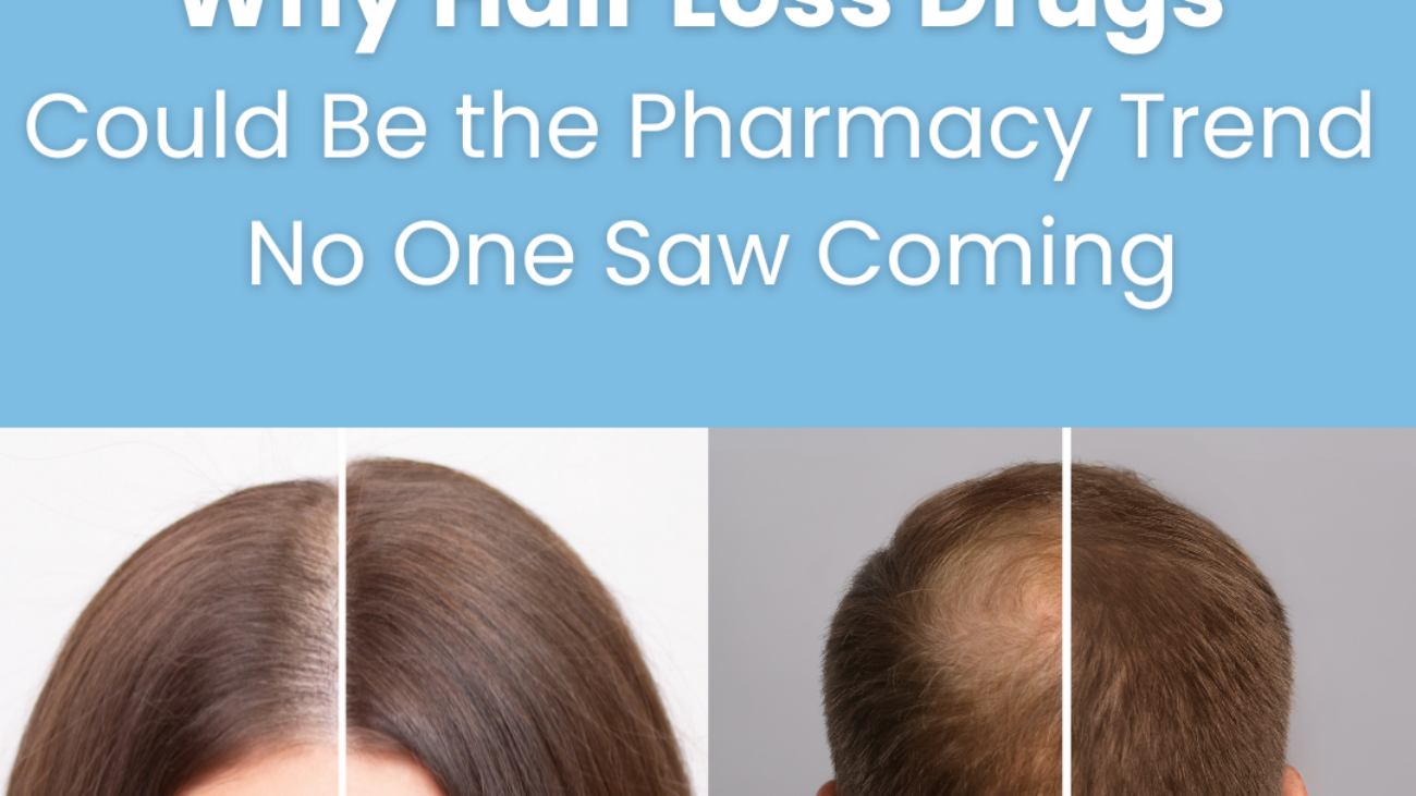 Image of a man and woman split screen left side image of woman and man losing hair. The right side of the image show regrowth of hair on both woman and man