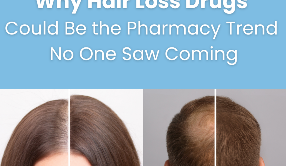 Image of a man and woman split screen left side image of woman and man losing hair. The right side of the image show regrowth of hair on both woman and man