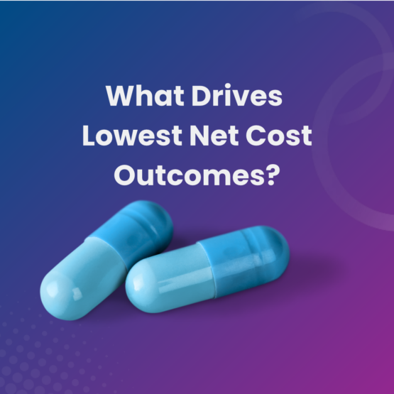 Two blue drug capsules against a blue and purple gradient background with the question, "What Drives Lowest Net Cost Outcomes?" written above it.